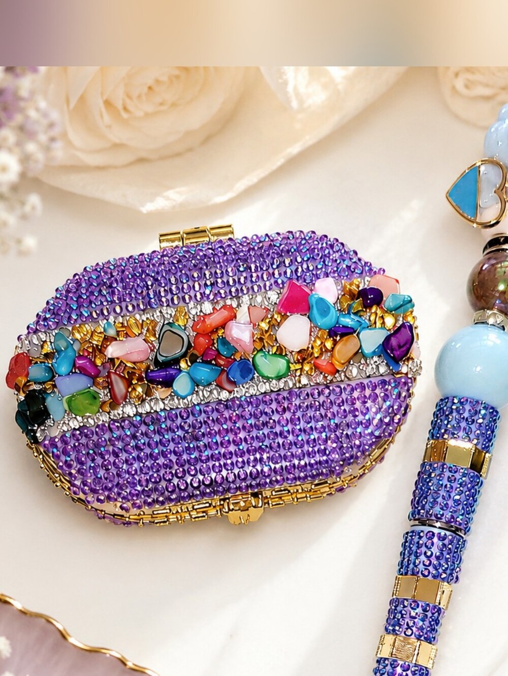 Handcrafted Rhinestone Compact Mirror & Beaded Pen Gift Set Purple Blue Sparkle